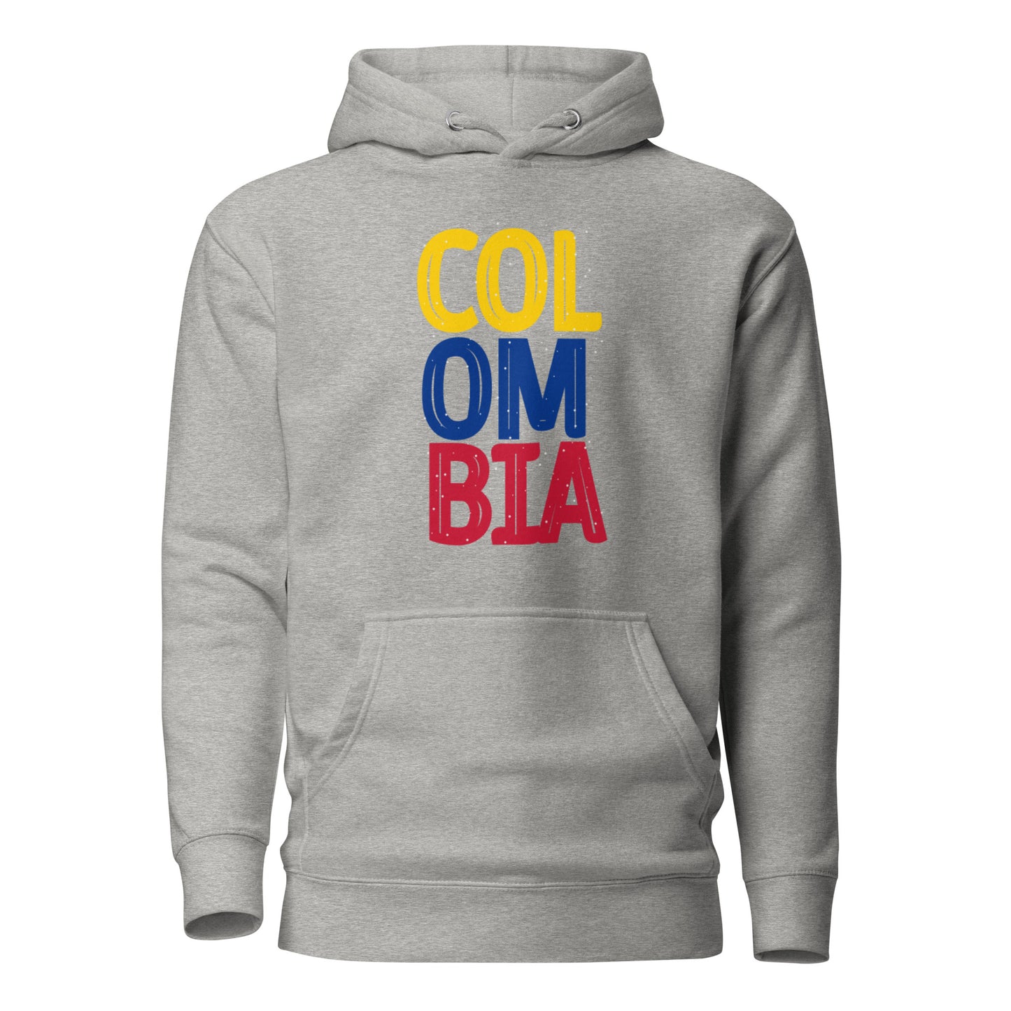 Unisex premium hoodie in carbon grey featuring a bold 'COLOMBIA' text design in yellow, blue, and red, representing the Colombian flag colors.