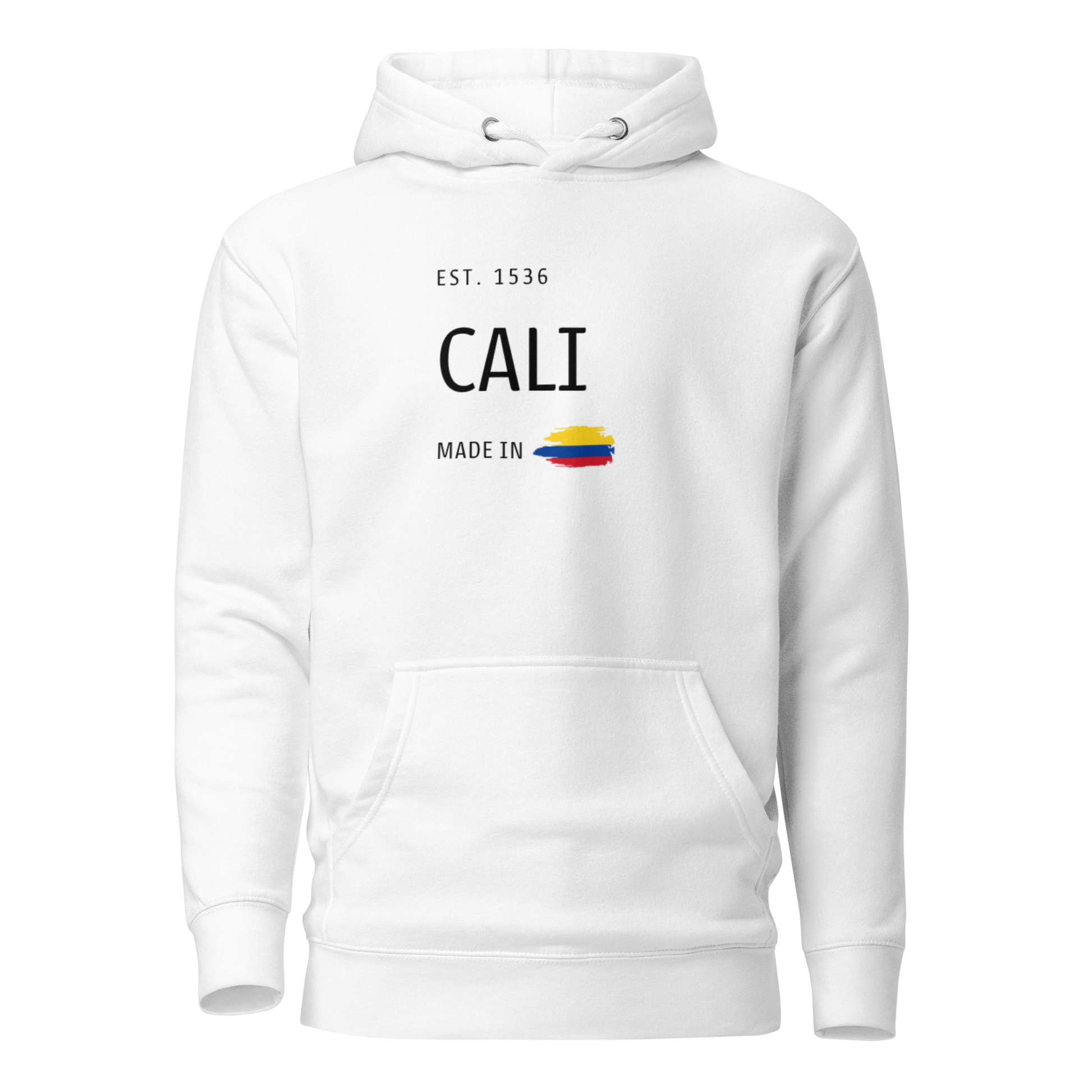 Unisex white premium hoodie featuring a minimalist design with 'EST. 1536 CALI' and 'Made in Colombia,' proudly showcasing Cali's rich history and Colombian heritage.