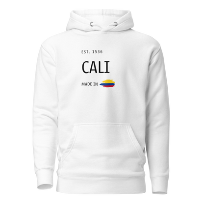 Unisex white premium hoodie featuring a minimalist design with 'EST. 1536 CALI' and 'Made in Colombia,' proudly showcasing Cali's rich history and Colombian heritage.