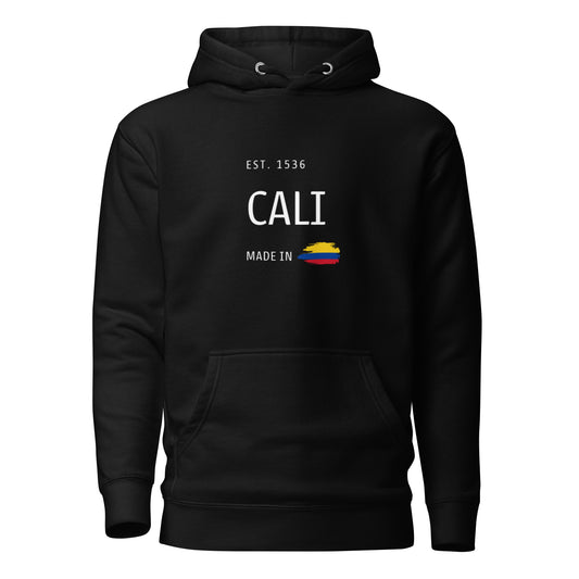 Unisex Black premium hoodie featuring a minimalist design with 'EST. 1536 CALI' and 'Made in Colombia,' proudly showcasing Cali's rich history and Colombian heritage