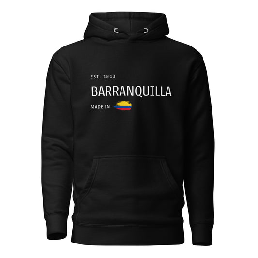 Black premium hoodie featuring 'Barranquilla Est. 1813' text with a Colombian flag, celebrating the vibrant coastal city's history and culture. A must-have for Barranquilla lovers and proud Colombians.