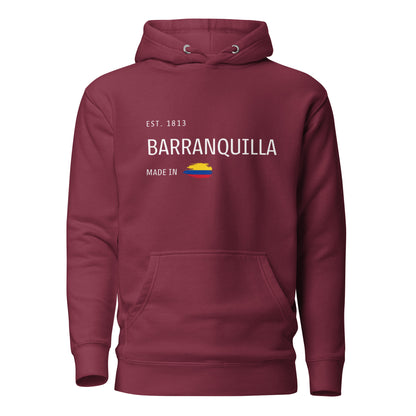 Maroon premium hoodie featuring 'Barranquilla Est. 1813' text with a Colombian flag, celebrating the vibrant coastal city's history and culture. A must-have for Barranquilla lovers and proud Colombians.