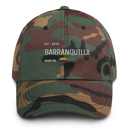 Classic Mlilitary Style dad hat featuring 'Barranquilla' embroidery, with 'Made in Colombia' and a Colombian flag detail. A stylish tribute to Colombia’s vibrant coastal city.