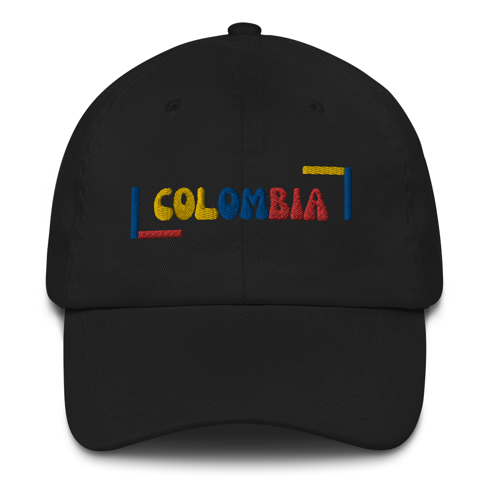 Classic Black dad hat featuring a colorful 'COLOMBIA' text design in yellow, blue, and red, inspired by the Colombian flag.