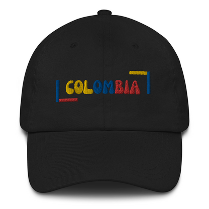 Classic Black dad hat featuring a colorful 'COLOMBIA' text design in yellow, blue, and red, inspired by the Colombian flag.