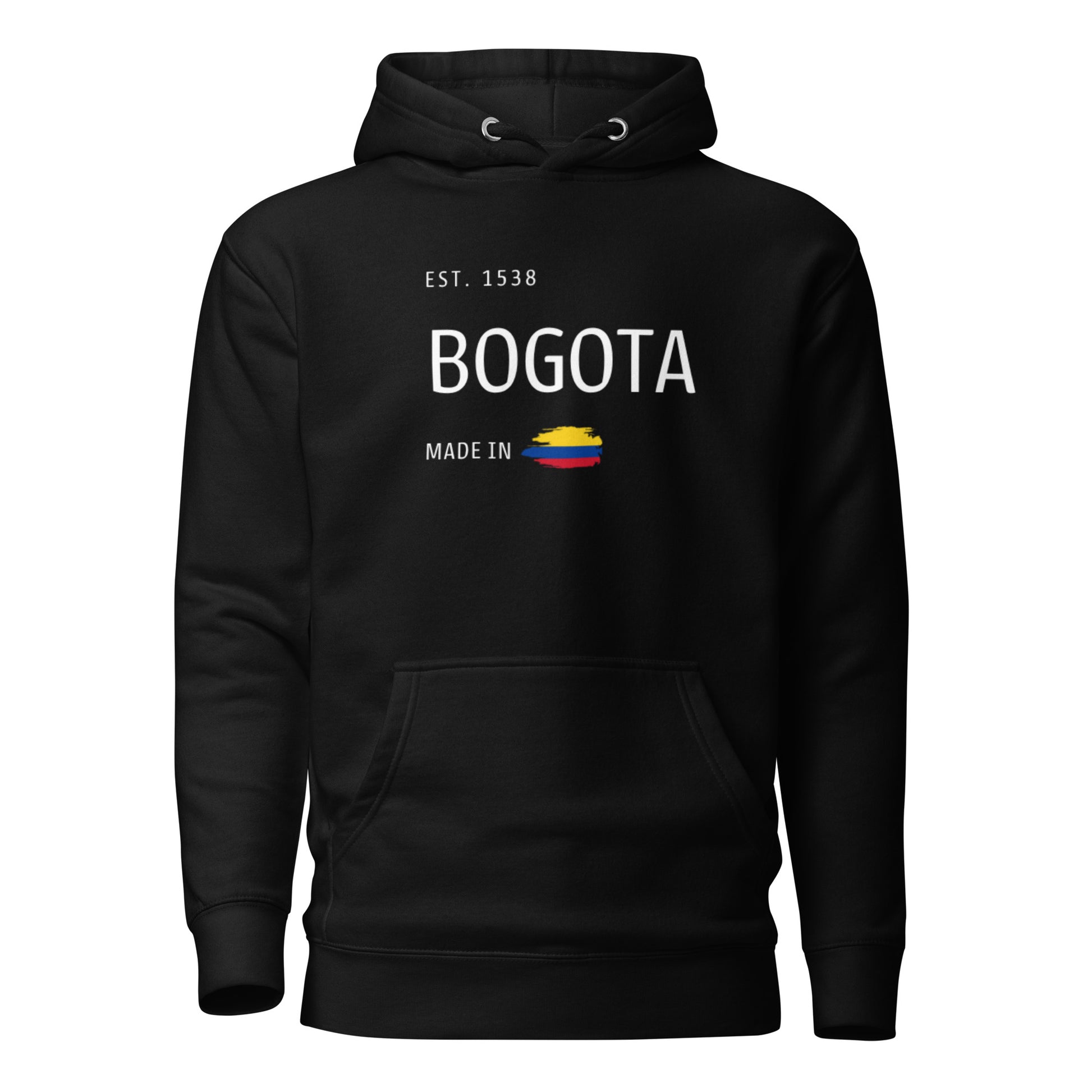 Unisex Black premium hoodie featuring 'EST. 1538 BOGOTÁ' with a Colombian flag, symbolizing the rich culture and history of Bogotá, Colombia.