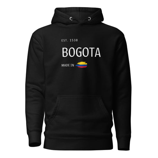 Unisex Black premium hoodie featuring 'EST. 1538 BOGOTÁ' with a Colombian flag, symbolizing the rich culture and history of Bogotá, Colombia.