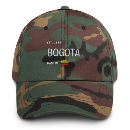 Classic Military Style-colored dad hat with 'Bogotá' embroidery, featuring 'Made in Colombia' and the Colombian flag detail. A stylish tribute to Colombia’s capital.