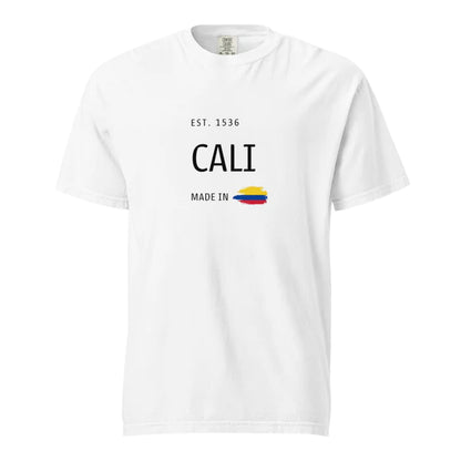 White t-shirt featuring 'Cali- Made in Colombia' printed design with a small Colombian flag. A minimalist and stylish way to represent Cali history and culture.