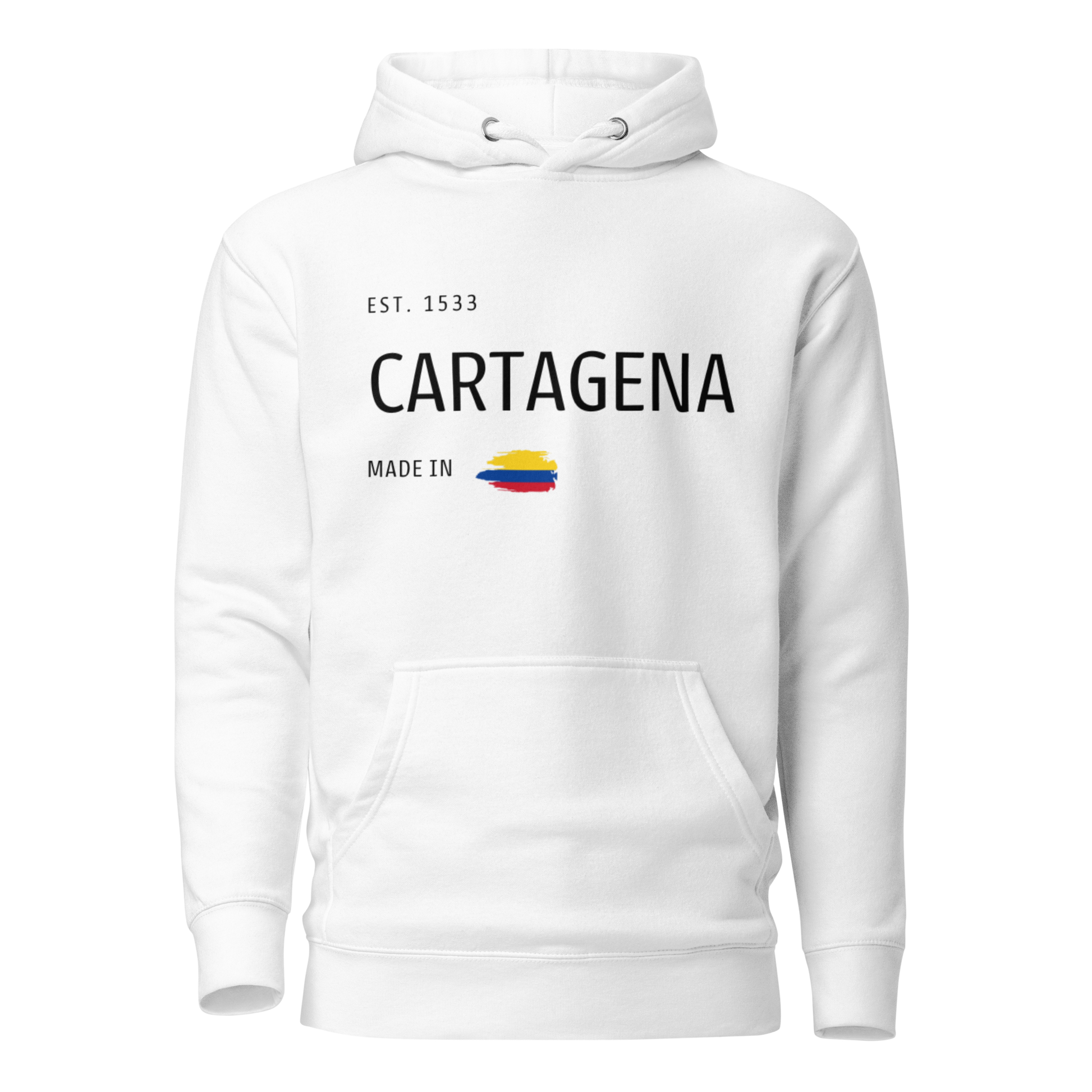 White premium hoodie featuring 'CARTAGENA' text with an embroidered Colombian flag accent, symbolizing the rich culture and history of Cartagena, Colombia.
