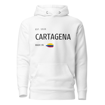 White premium hoodie featuring 'CARTAGENA' text with an embroidered Colombian flag accent, symbolizing the rich culture and history of Cartagena, Colombia.