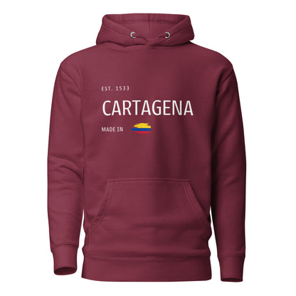 Maroon premium hoodie featuring 'CARTAGENA' text with an embroidered Colombian flag accent, symbolizing the rich culture and history of Cartagena, Colombia.