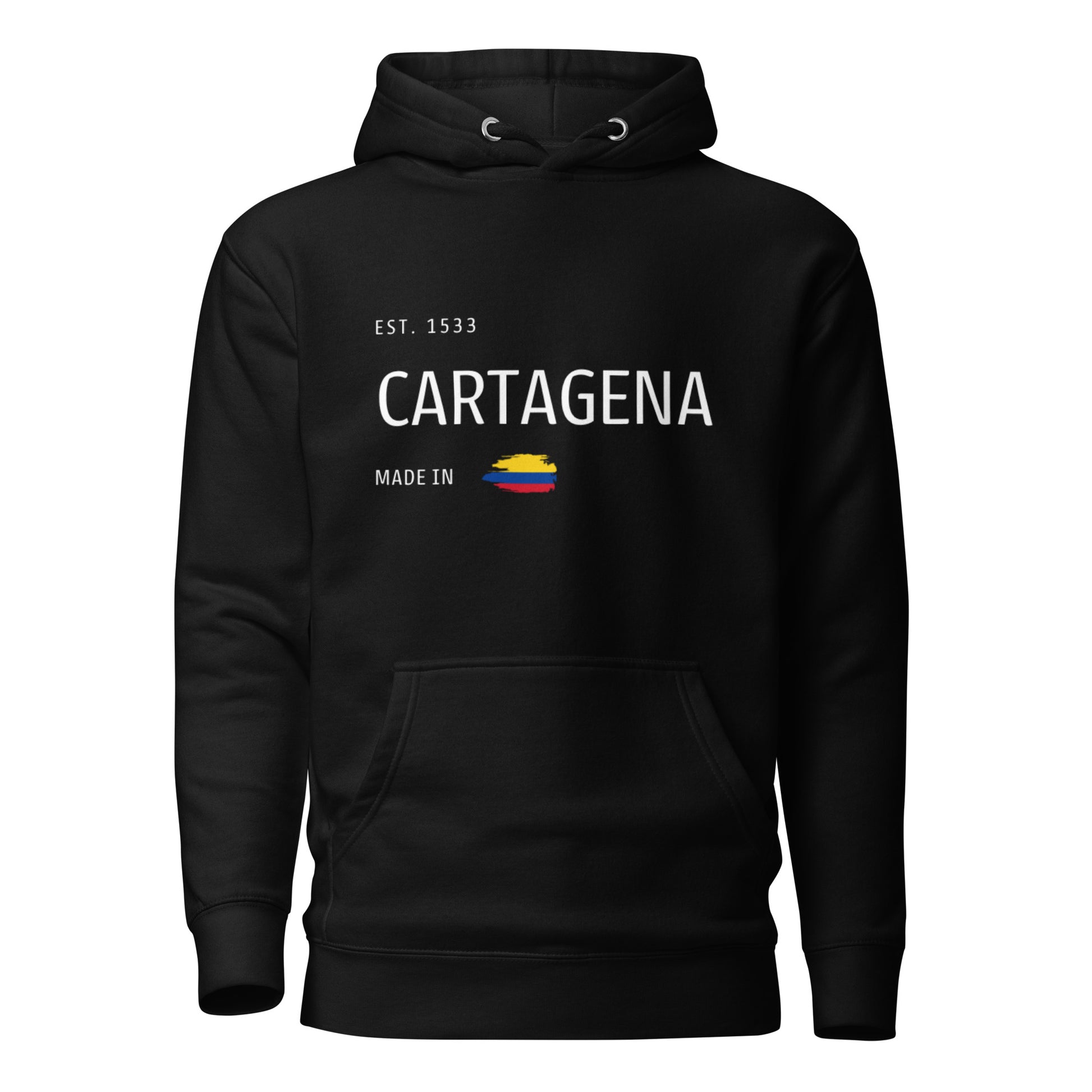 Black premium hoodie featuring 'CARTAGENA' text with an embroidered Colombian flag accent, symbolizing the rich culture and history of Cartagena, Colombia.