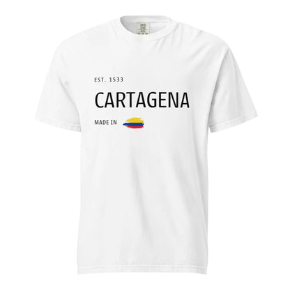 White t-shirt featuring 'Cartagena - Made in Colombia' design with a small Colombian flag. A clean and stylish tribute to the vibrant city of Cartagena, Colombia.
