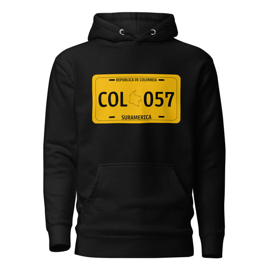 Black hoodie featuring a bold Colombian license plate design with 'COL 057' and a silhouette of Colombia. A unique way to represent Colombian pride and heritage in streetwear fashion.