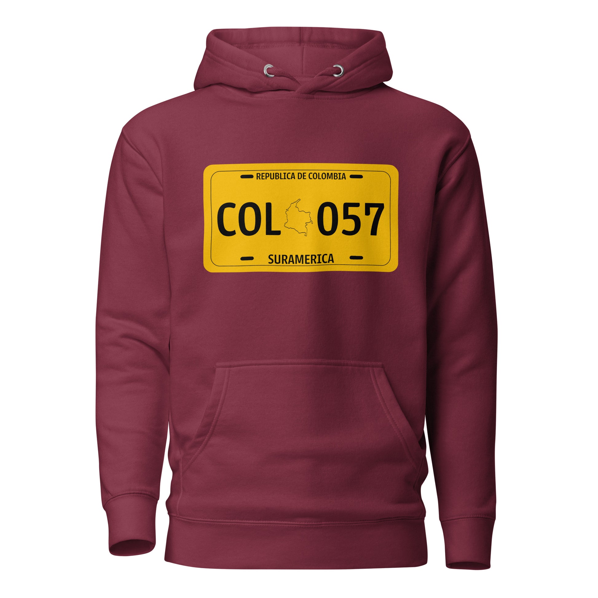 Maroon hoodie featuring a bold Colombian license plate design with 'COL 057' and a silhouette of Colombia. A unique way to represent Colombian pride and heritage in streetwear fashion