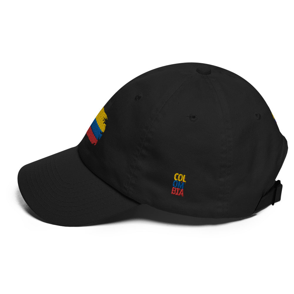 Classic Black dad hat featuring an embroidered Colombian flag brushstroke design. A stylish and subtle way to represent Colombian pride with a modern artistic touch
