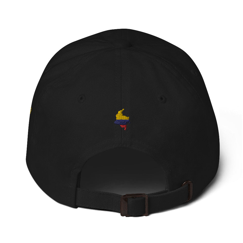 Classic Black dad hat featuring an embroidered Colombian flag brushstroke design. A stylish and subtle way to represent Colombian pride with a modern artistic touch.
