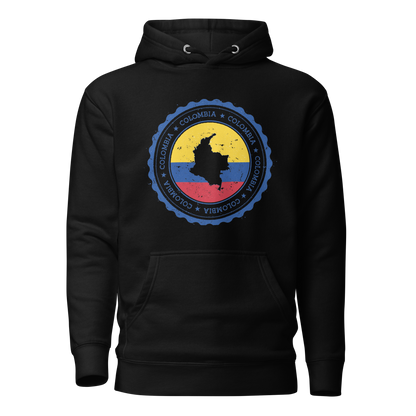Unisex Black hoodie featuring a circular Colombian heritage design with vibrant yellow, blue, and red accents, perfect for showcasing cultural pride and style.