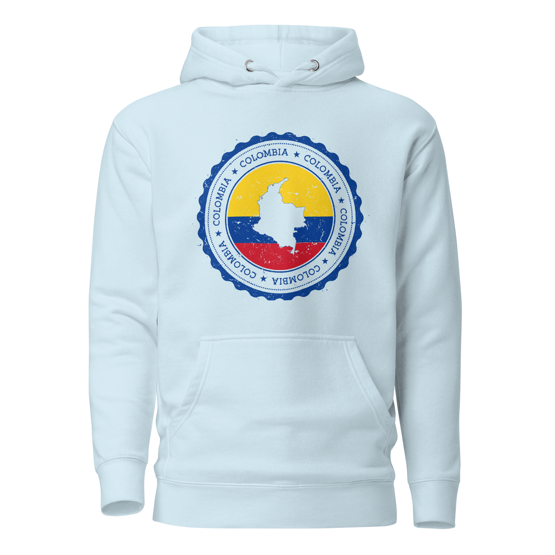 Unisex Sky Blue hoodie featuring a circular Colombian heritage design with vibrant yellow, blue, and red accents, perfect for showcasing cultural pride and style