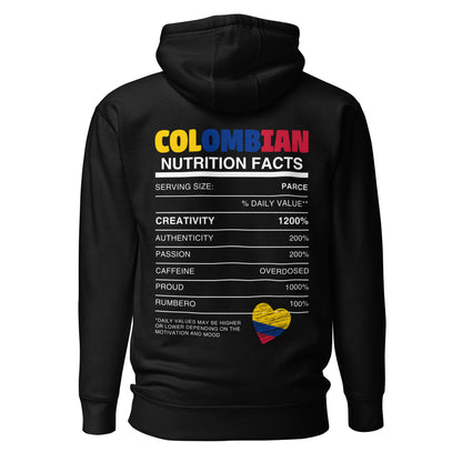 Black hoodie featuring a playful 'Colombian Nutrition Facts' design with colorful text highlighting creativity, authenticity, passion, and pride, along with a heart-shaped Colombian flag graphic.