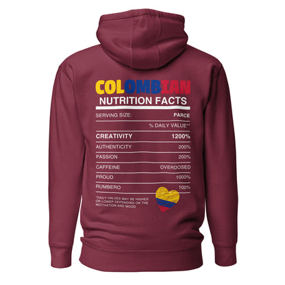 Maroon premium hoodie featuring 'Colombian Nutrition Facts' design, highlighting Colombian creativity, authenticity, and passion. Perfect for those proud of their Colombian heritage.