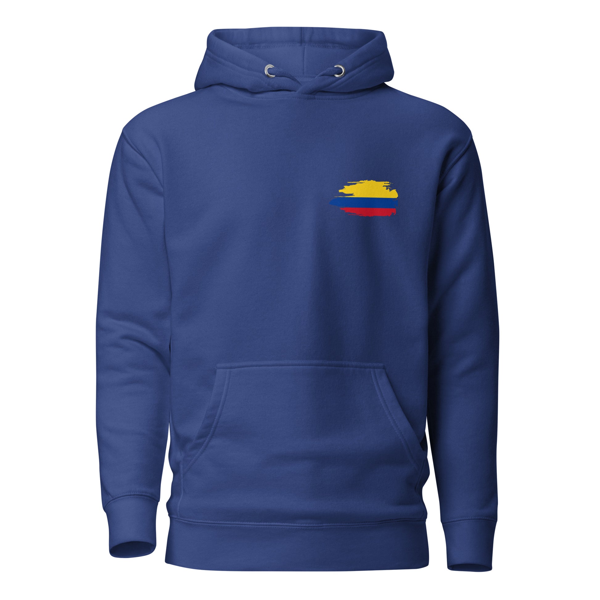 Royal blue premium hoodie featuring 'Colombian Nutrition Facts' design, highlighting Colombian creativity, authenticity, and passion. Perfect for those proud of their Colombian heritage.