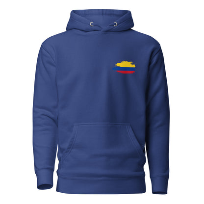 Royal blue premium hoodie featuring 'Colombian Nutrition Facts' design, highlighting Colombian creativity, authenticity, and passion. Perfect for those proud of their Colombian heritage.