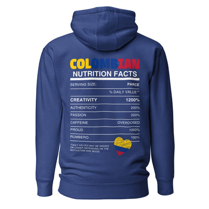 Royal blue premium hoodie featuring 'Colombian Nutrition Facts' design, highlighting Colombian creativity, authenticity, and passion. Perfect for those proud of their Colombian heritage.
