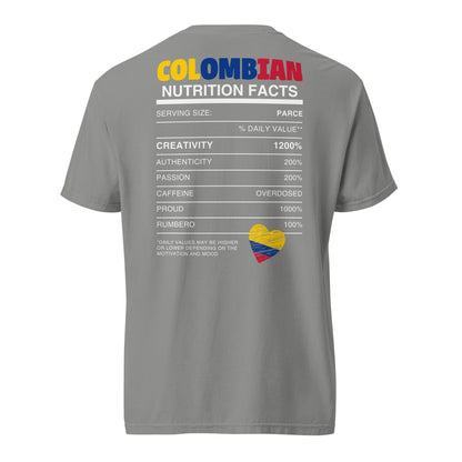 Grey heavyweight t-shirt featuring a fun 'Colombian Nutrition Facts' design on the back. Lists attributes like creativity, passion, and pride with humorous daily values. Perfect for proud Colombians and culture lovers.