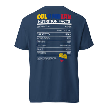 Navy heavyweight t-shirt featuring a fun 'Colombian Nutrition Facts' design on the back. Lists attributes like creativity, passion, and pride with humorous daily values. Perfect for proud Colombians and culture lovers.