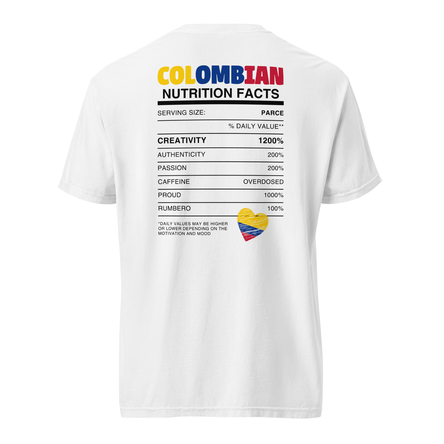 White unisex heavyweight t-shirt featuring 'Colombian Nutrition Facts' design on the back. A fun and bold representation of Colombian culture, highlighting creativity, passion, and pride.