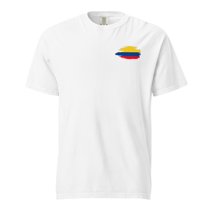 White unisex heavyweight t-shirt featuring 'Colombian Nutrition Facts' design on the back. A fun and bold representation of Colombian culture, highlighting creativity, passion, and pride.