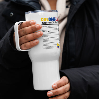 White insulated travel mug featuring a Colombian Nutrition Facts design and 'COLOMBIA' text in vibrant yellow, blue, and red. A stylish and functional tribute to Colombia