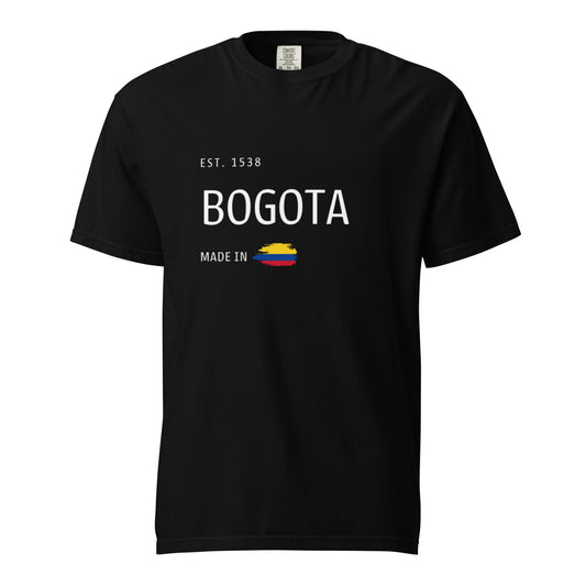 Black heavyweight t-shirt featuring 'Bogotá' with an Est. 1538 design and the Colombian flag. A stylish tribute to the capital city of Colombia, Bogotá.