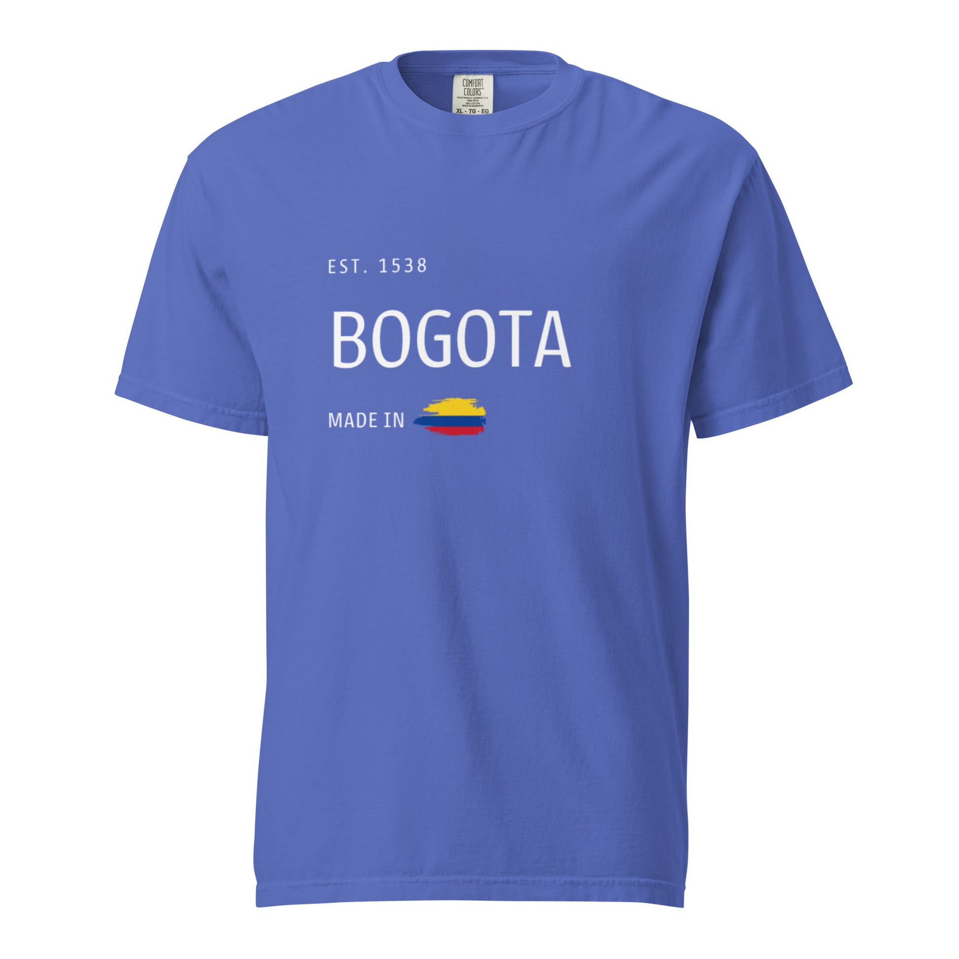 Blue heavyweight t-shirt featuring 'Bogotá' with an Est. 1538 design and the Colombian flag. A stylish tribute to the capital city of Colombia, Bogotá