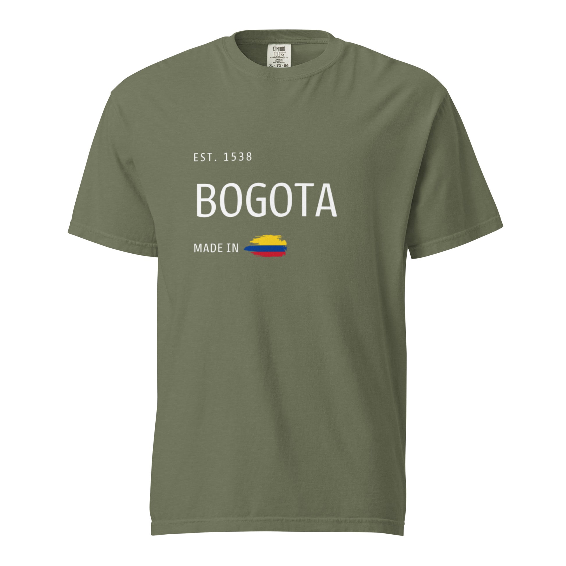 Moss Green heavyweight t-shirt featuring 'Bogotá' with an Est. 1538 design and the Colombian flag. A stylish tribute to the capital city of Colombia, Bogotá