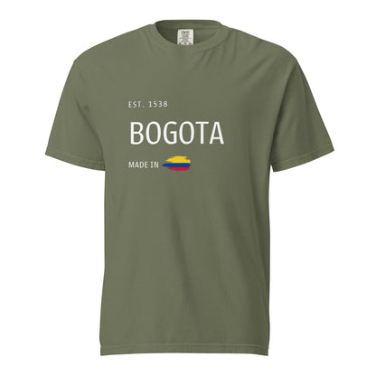 Moss Green heavyweight t-shirt featuring 'Bogotá' with an Est. 1538 design and the Colombian flag. A stylish tribute to the capital city of Colombia, Bogotá