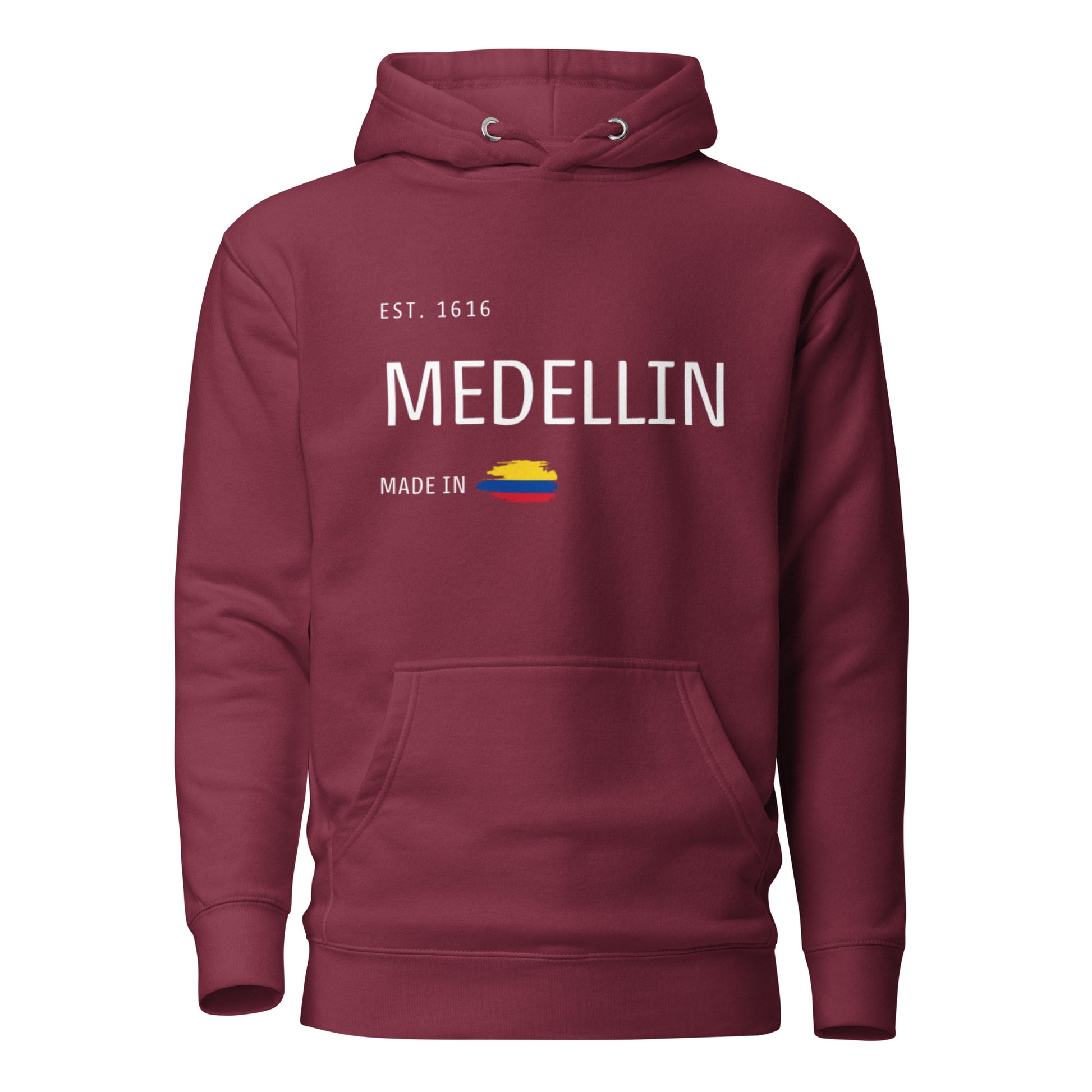 Maroon  premium hoodie featuring 'Medellín' text, 'EST. 1616,' and a small Colombian flag design. A cozy and stylish tribute to Medellín, Colombia