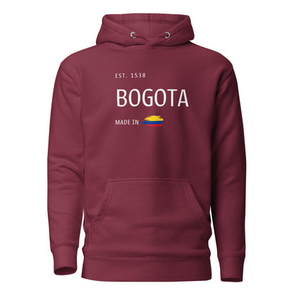 Unisex Maroon premium hoodie featuring 'EST. 1538 BOGOTÁ' with a Colombian flag, symbolizing the rich culture and history of Bogotá, Colombia.