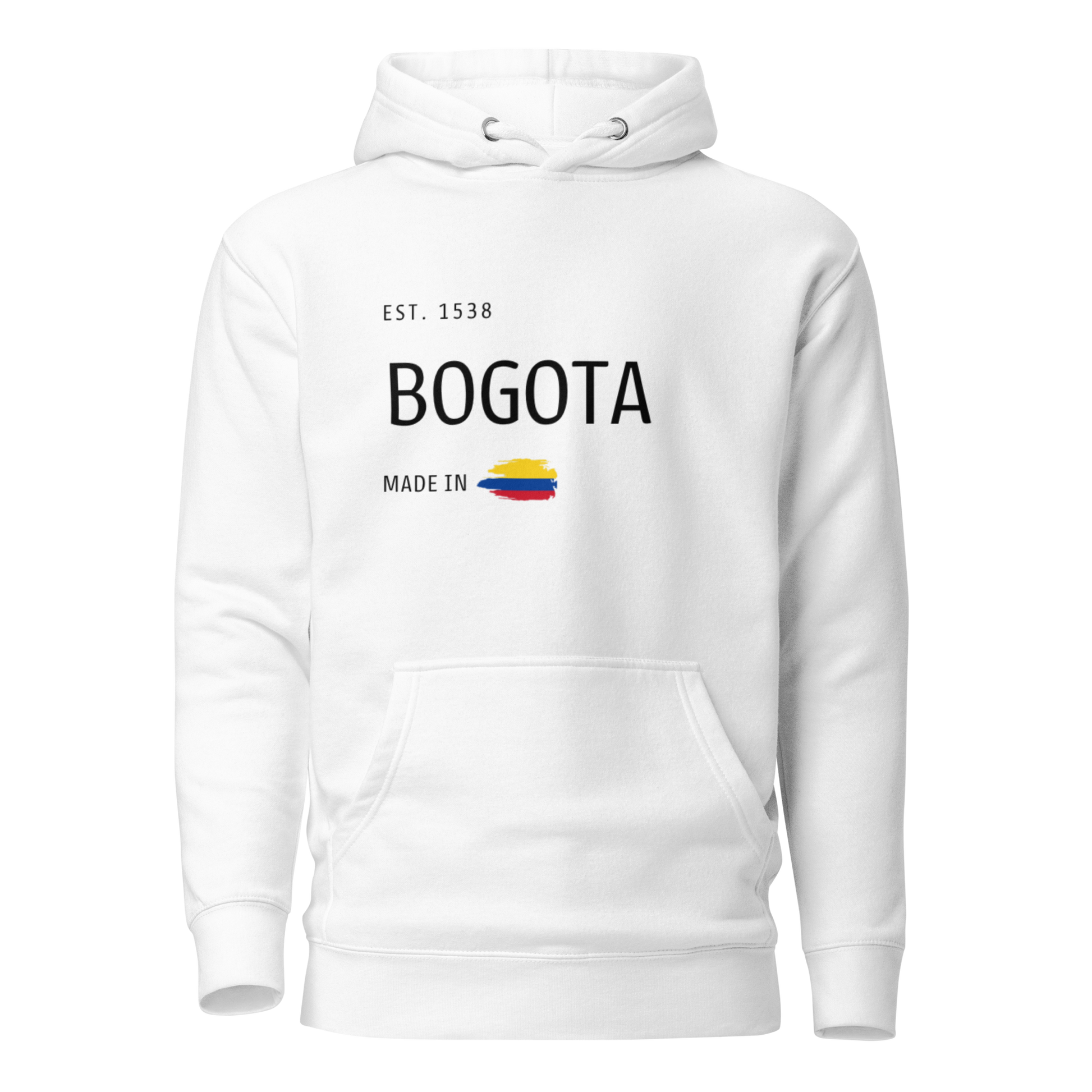 Unisex white premium hoodie featuring 'EST. 1538 BOGOTÁ' with a Colombian flag, symbolizing the rich culture and history of Bogotá, Colombia.
