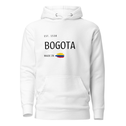 Unisex white premium hoodie featuring 'EST. 1538 BOGOTÁ' with a Colombian flag, symbolizing the rich culture and history of Bogotá, Colombia.