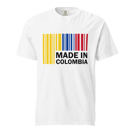 White heavyweight t-shirt featuring a 'Made in Colombia' barcode design in yellow, blue, and red. A bold statement tee for Colombian pride and heritage.