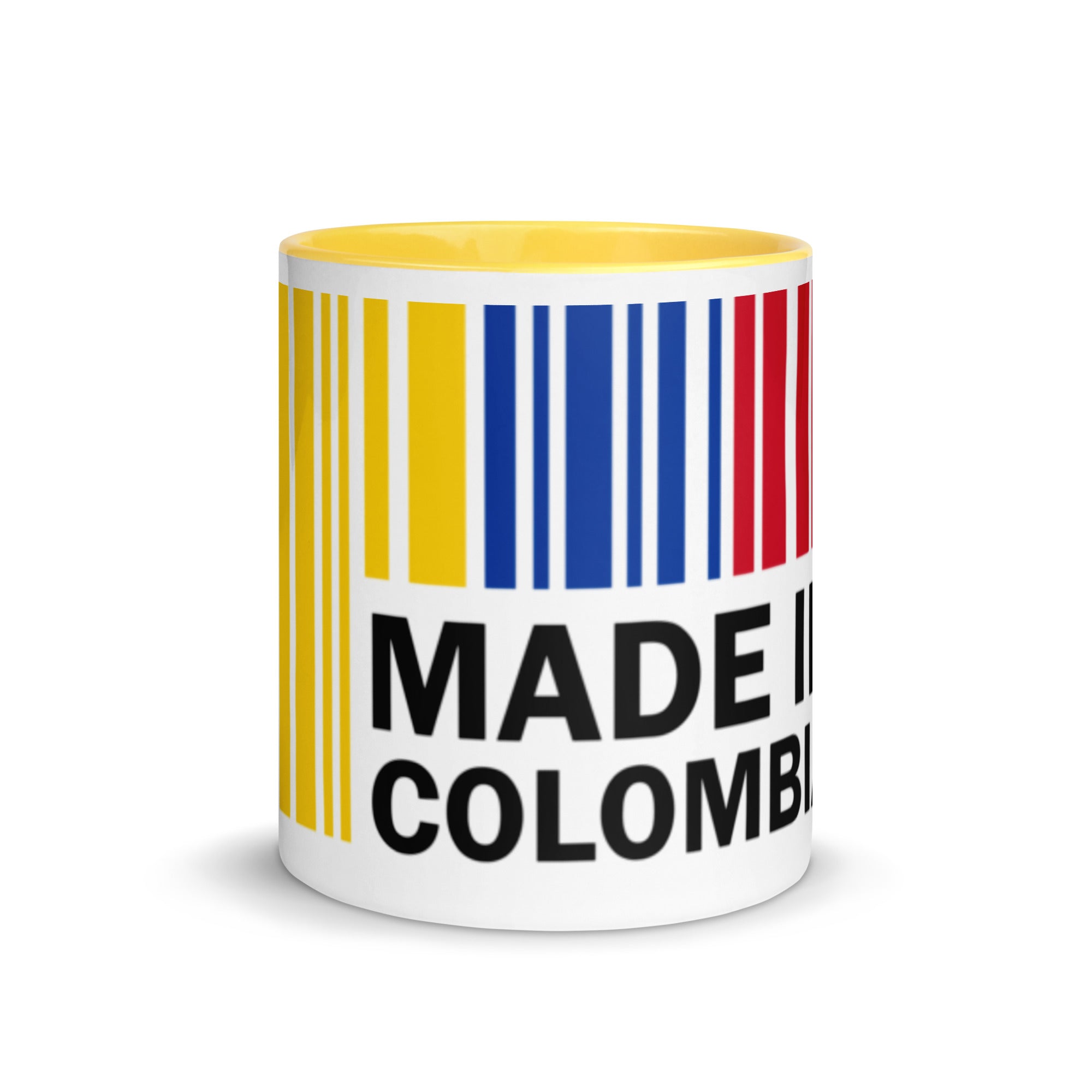 White ceramic mug with a vibrant barcode design in yellow, blue, and red, featuring the words 'Made in Colombia.' The inside is Yellow for a bold contrast, perfect for coffee lovers and proud Colombians.