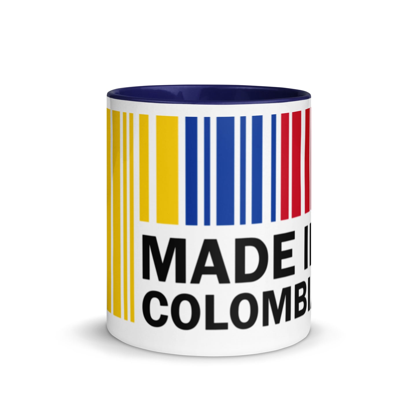 White ceramic mug with a vibrant barcode design in yellow, blue, and red, featuring the words 'Made in Colombia.' The inside is Blue for a bold contrast, perfect for coffee lovers and proud Colombians.