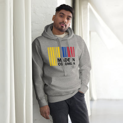 Grey hoodie featuring a bold 'Made in Colombia' barcode design in yellow, blue, and red, representing the Colombian flag. A stylish way to showcase Colombian pride and heritage