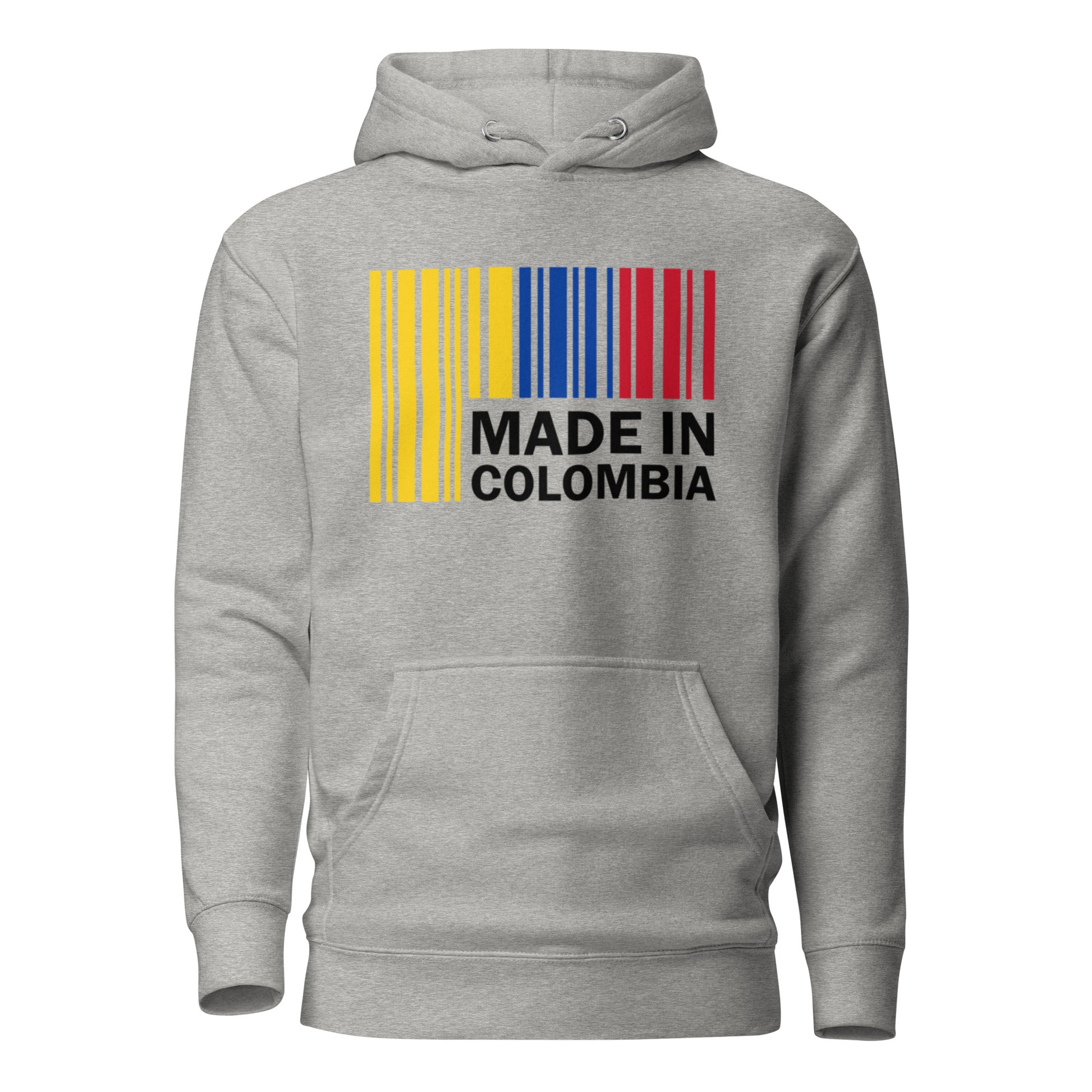 Grey hoodie featuring a bold 'Made in Colombia' barcode design in yellow, blue, and red, representing the Colombian flag. A stylish way to showcase Colombian pride and heritage