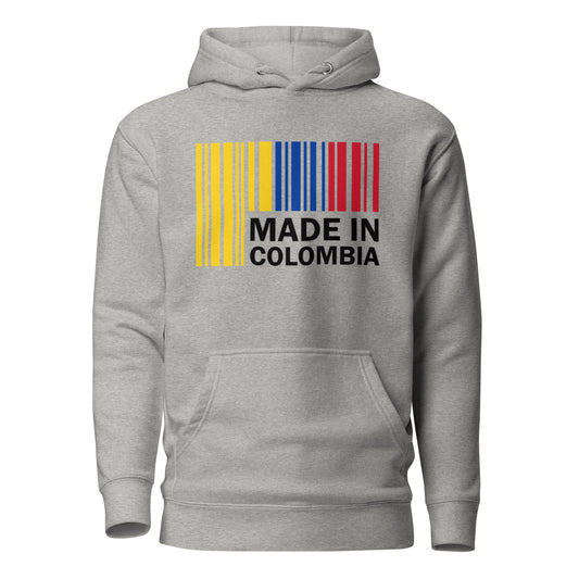 Grey hoodie featuring a bold 'Made in Colombia' barcode design in yellow, blue, and red, representing the Colombian flag. A stylish way to showcase Colombian pride and heritage