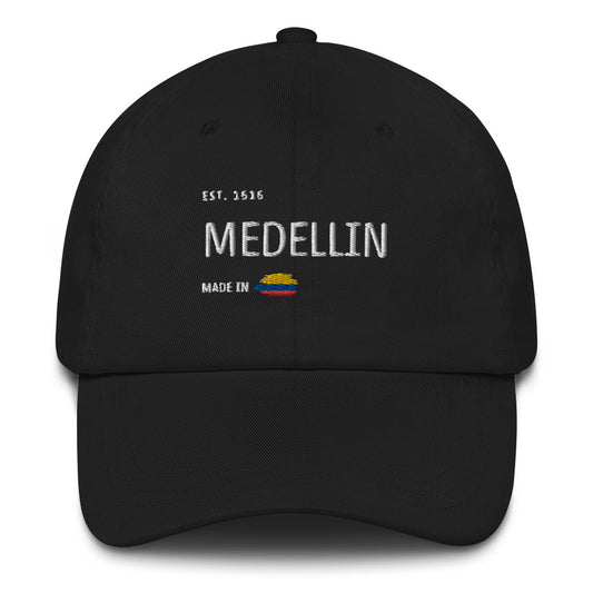 Classic Black dad hat featuring 'Medellín' embroidery with 'Made in Colombia' and Colombian flag detail. A stylish and versatile tribute to Medellín’s heritage.