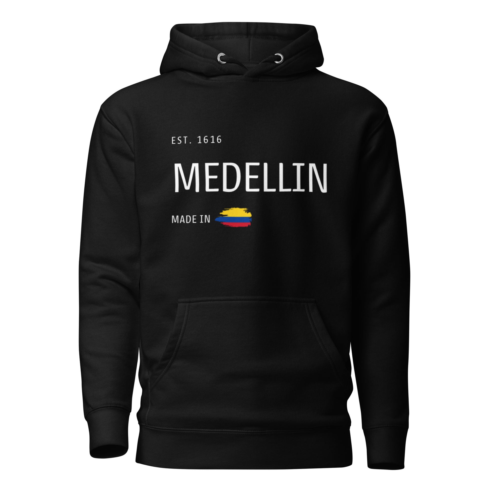 Black premium hoodie featuring 'Medellín' text, 'EST. 1616,' and a small Colombian flag design. A cozy and stylish tribute to Medellín, Colombia
